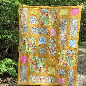 NWT. Hand Crafted Yellow Fields of Flower Liberty of London Fabric Quilt